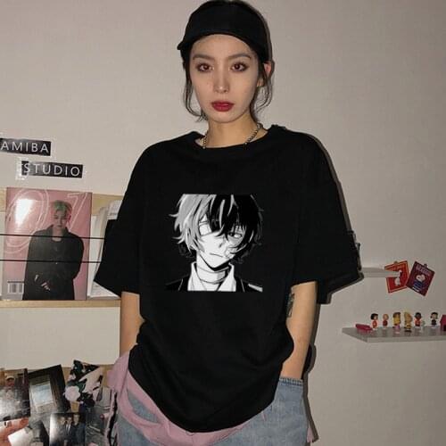 Japanese Anime Print Dazai Osamu Cartoon Harajuku Womens T-shirt Punk Streetwear Tops Short-Sleeved Tees Casual Clothes Summer