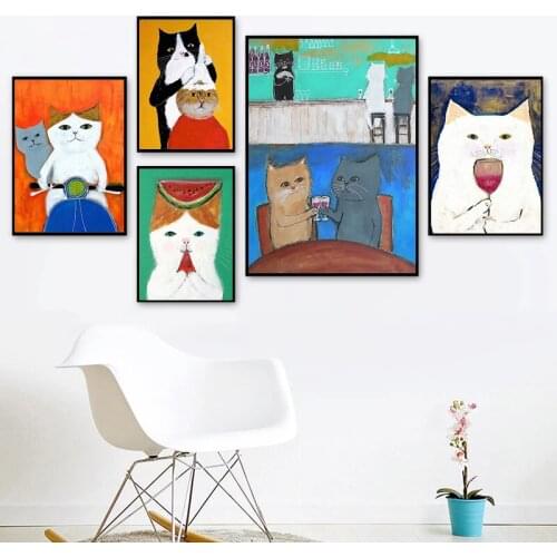 Cartoon Cat Drive Motorcycle Drink Canvas Painting DJ Cat Posters and Prints Wall Art Picture for Living Room Wall Decor Cuadros