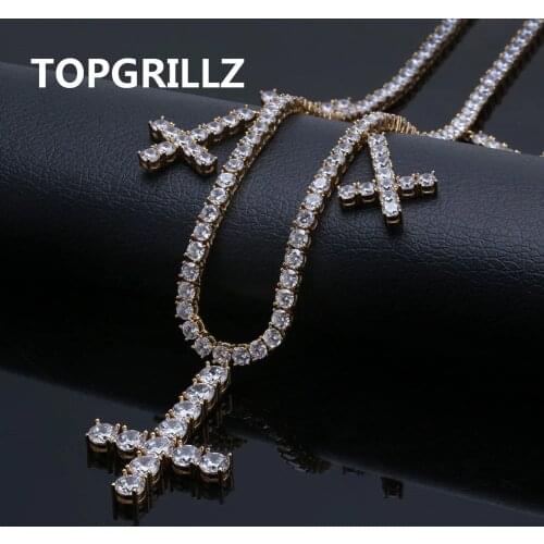 Iced Out CZ Cross Pendant & Necklace Tennis Chains Jewelry Gold Silver Color Men Women Charm 18 " 22 "Necklaces For Gifts