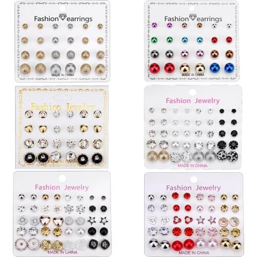 Trendy Colorful Rhinestone Ball Star Heart Stud Earrings Set For Women 12/20Pairs Flower Pearl Girls Fashion Jewelry Gift Kit