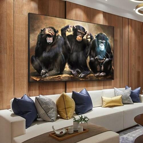 Funny Three Monkeys In Retro Style Canvas Painting Wall Art Nordic Posters and Prints Wall Pictures for Living Room Decoration