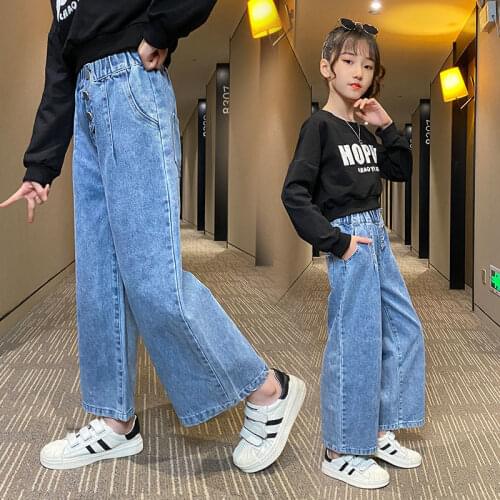 New 2021 Spring Autumn Jeans Girl Fashion Jean Pants Kids Solid Color Denim Trousers Children Casual Trousers for Girls D614
