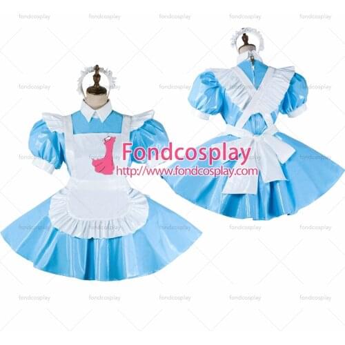 Fondcosplay adult sexy cross dressing sissy maid short baby blue thin pvc dress lockable Uniform costume Tailor-made[G2065]