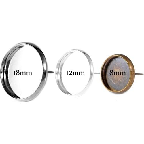 20pcs Fit 8-18mm 12mm Glass Cabochon Cameo Silver Plated Bezel Backs DIY Blank Earring Stud Posts Setting Base Earring Findings