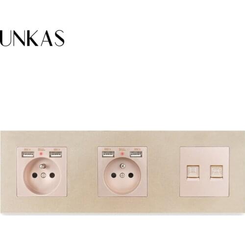UNKAS Plastic Panel Dual French Standard Socket With 4 USB Charging Port + RJ11 Telephone Connector RJ45 Internet Computer