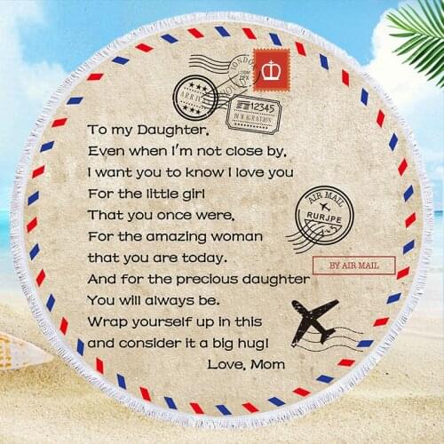 Summer Round Beach Towel With Tassel Creative Mail To My Daughter Son Pattern Beach Towels Microfiber Swimming Towel Yoga Mat