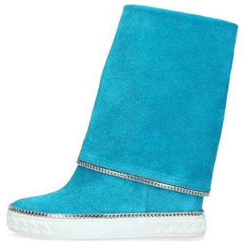 Sexy Blue Pink Suede Leather Chain-Embellished Boots Gold-tone Metal Hidden Wedge Boots Fold Over Thcik Rubber Sole Winter Boots