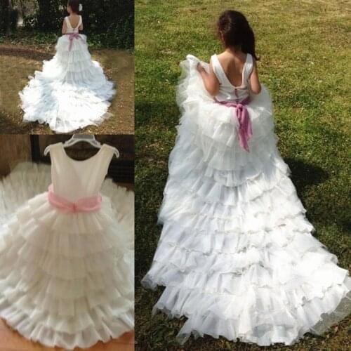 Pink Puffy Princess Kids Dresses Real Image Flower Girl Dresses with Bow Pearls for Wedding Party Birthday Ball Gowns