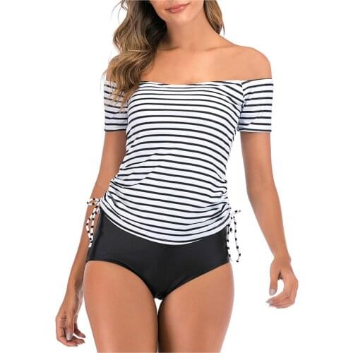 Off Shoulder Stripe Bikini 2021 Women Plus Size Takini High Waist Ruffle Swimwear Swimuit Female Retro Bikini Set Brasileiro