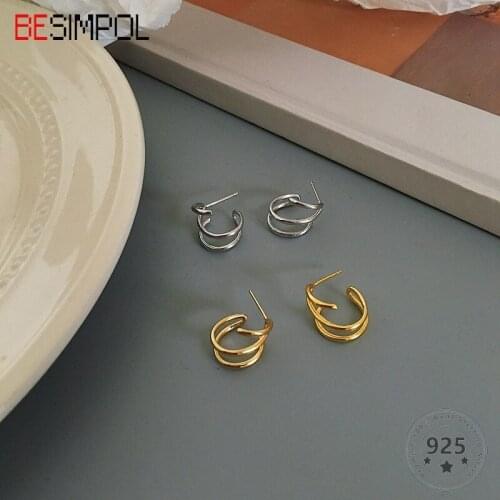 Besimpol Korean Style Real 925 Sterling Silver Earrings Fashion Gold Three Circle Stud Earrings For Women Luxury Fine Jewelry