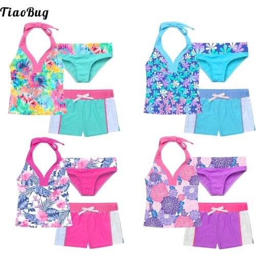 TiaoBug 3Pcs Kids Girls Summer Swimming Clothes Set Sleeveless Halter Neck Top Shorts With Briefs Pattern Printed Swim Suit