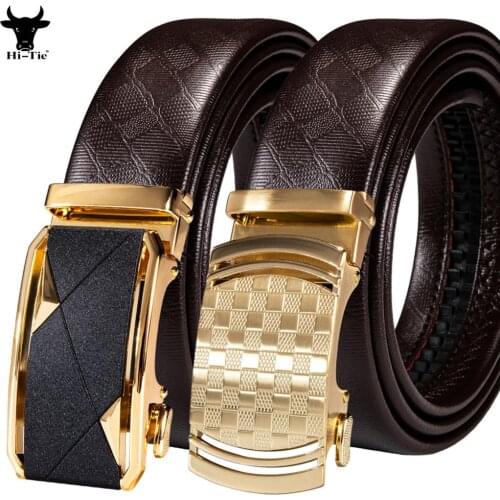 High Quality Casual Brown Genuine Leather Mens Belts Gold Black Automatic Buckles Ratchet Dress Jeans Pants Waist Straps Formal