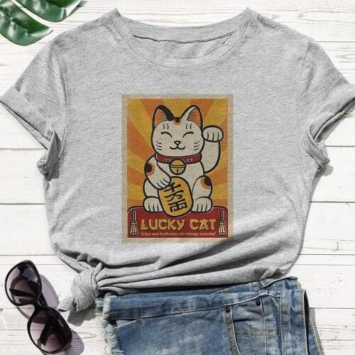 High Quality New Women T-shirt LUCKY CAT Letter Print Multicolor T Shirt A That Brings Luck yellow and white cat Graphic T Shirt