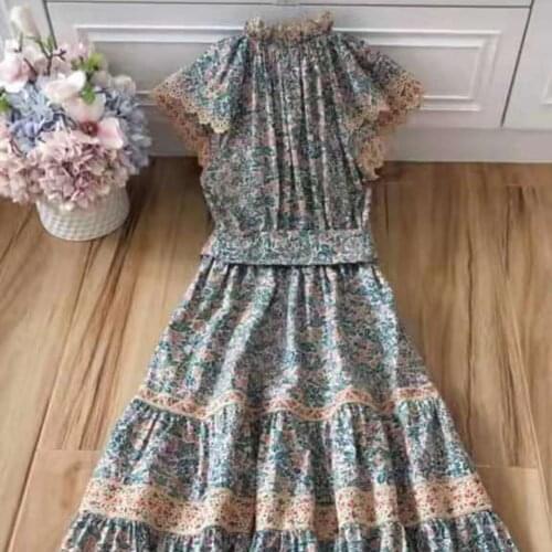 Vallu 2021 summer new style cotton color small floral wash print double mouth long skirt with belt