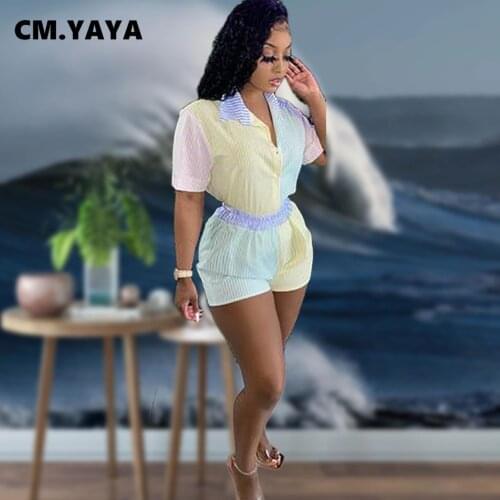 CM.YAYA Women Set Patchwork Short Sleeve Single Breasted Top Stretchy Shorts Two Piece Sets Fashion Outfit Summer Tracksuit 2021