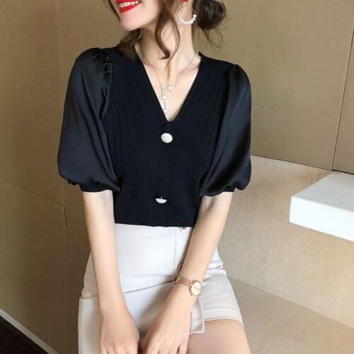 2021 New Ice Silk Jersey Womens Thin New Temperament Elegant Short Sleeve V-neck Chiffon Stitched Knit Top