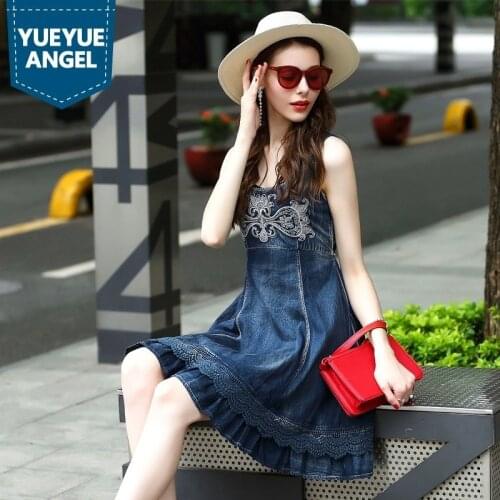 Flower Embroidery Denim Dress Women Runway Sleeveless Royal Blue Jeans Dress Cute Short Denim Vestido Round Neck Robe Femme