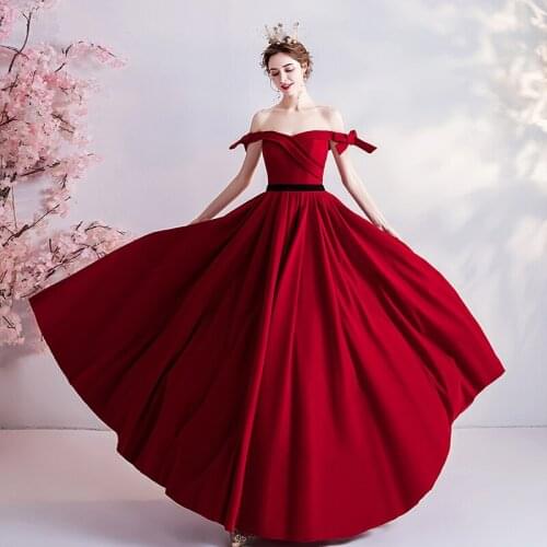 Evening Dresses Vintage V-Neck Short Off The Shoulder Pleat Backless A-Line Satin Luxury Burgundy Women Formal Party Gown TS094
