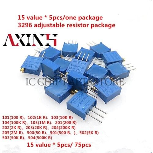 15Values*5pcs 3296W Component Package15 Common Resistance Values Each 5 Potentiometer Package 3296 Adjustable Resistance Packag