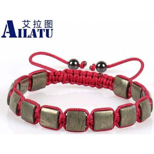 Ailatu New Arrival 8x8mm Natural Copper Ore Round Stone Cube Square Macrame Bracelet for Cool Mens Christmas Gift