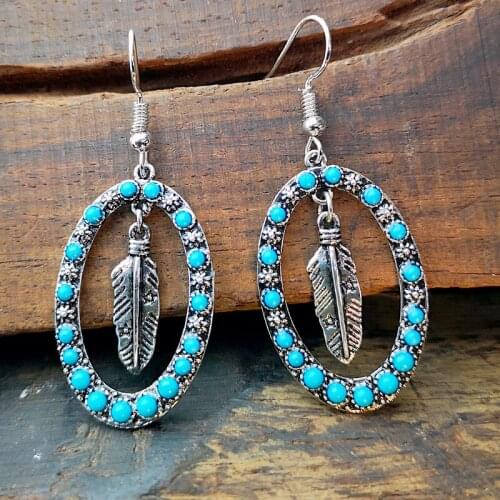 Amaiyllis Bohemia Feather Dangle Earrings For Women Ethnic Stone Statement Drop Earrings Vintage Geo Oval Chandelier Earrings