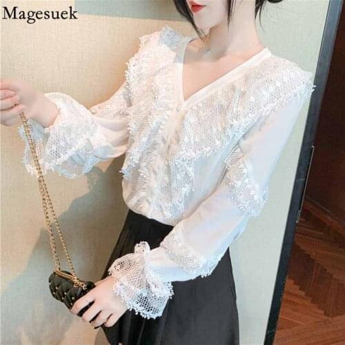 French Elegant Ruffled Stitching Womens Blouse Autumn Long Sleeve Hollow Lace Flower Shirt V Neck Gentle Loose White Top 16279