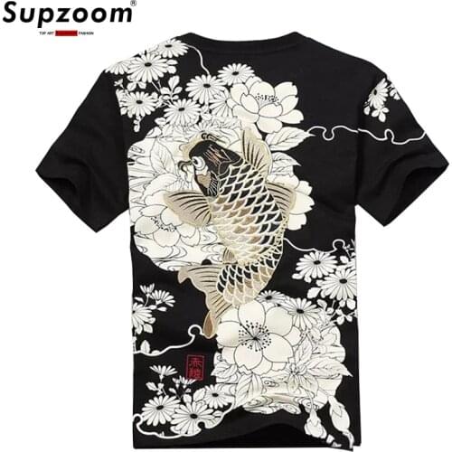 2020 New Arrival Hip Hop Knitted Tshirt Homme Hot Sale T Shirt Men Goods Embroidery With Short Carp Tattoo O-neck Cotton Casual