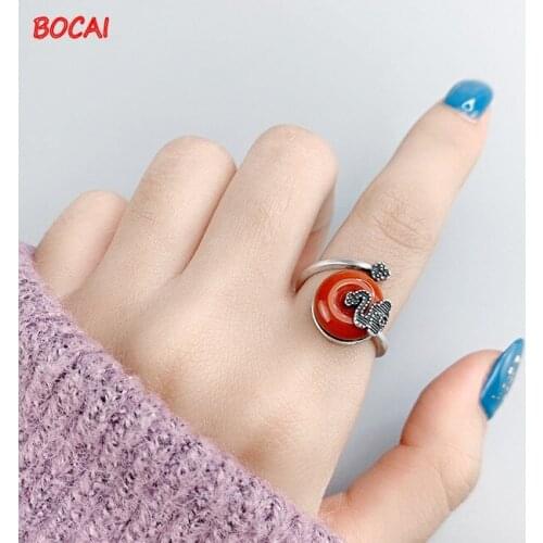 New S925 silver retro fashion auspicious cloud open ring female literary southern red agate index finger ring
