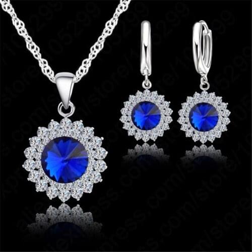 Luxury Sunflower Design Blue Fire Opal 925 Sterling Silver Jewelry Sets Round Crystal Necklace/ Earrings for Women Wedding