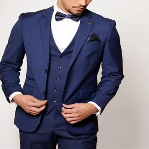 Navy 3 Pieces Mens Wedding Suits Slim Fit Notch Lapel Business Casual V-Neck Vest Costume Formal Terno Masculino Clothing