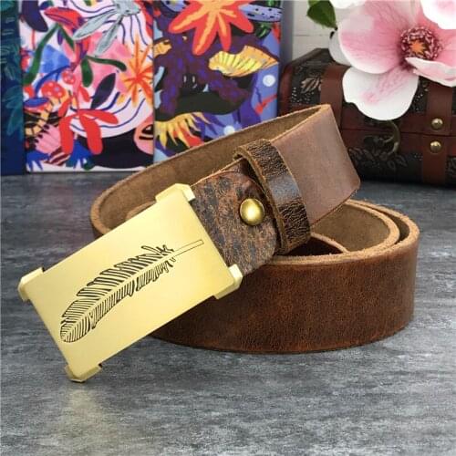 Feathers Solid Brass Belt Buckle Men Belt Leather Genuine Ceinture Thick Belts Men Leather Belt Wide Waist Belt 95-130CM MBT0116
