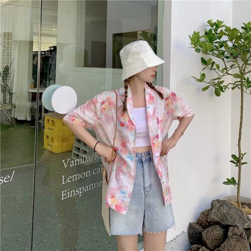Summer Harajuku Vintage Shirt Short Sleeve Girls Oversize Chic Women Beautiful Blouse Floral Pink Top Korean Style TShirt