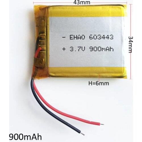 3.7V 900mAh battery 603443 Lithium Polymer Li-Po ion PLIB Rechargeable Battery For Mp3 MP4 MP5 GPS PSP mobile electronic part