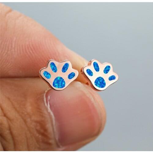 Cute Cat Paw Small Stud Earrings Vintage Female White Blue Opal Stone Earrings Rose Gold Silver Color Wedding Earrings For Women