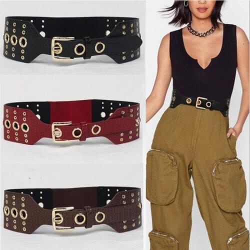 Fashion Women Wide Belt Hollowed-out Rivets Elasticwaist Belt High Quality Designer Women Cinch Waistband Dress Coat Accessories