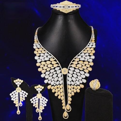 Blachette Design Fashion Collar Trendy Bangle Earrings Necklace Ring Jewelry Set Full Water Drop Shape Luxury Wedding Jewelry