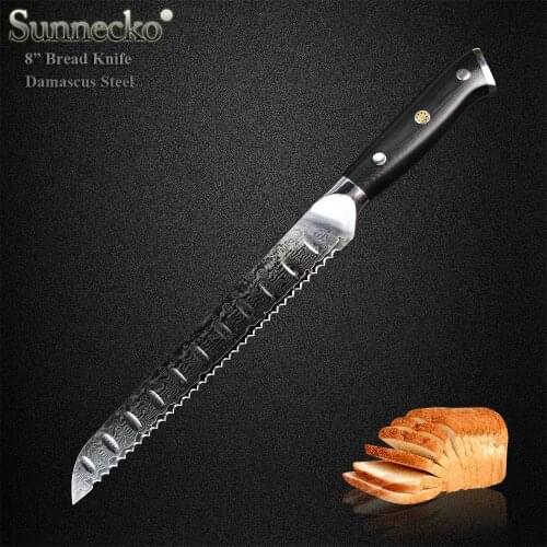 SUNNECKO New 8" Bread Slicing Knife Japanese VG10 Steel Blade Damascus Kitchen Knives G10 Handle Breakfast Bread Slicer Cutter