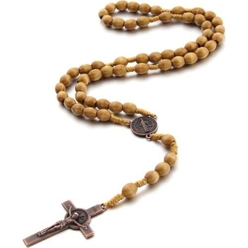 Handmade Weave Saint Benedict Medal Antique Wooden Rosary Jesus Cross Necklace