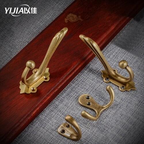 Retro Solid brass bedroom golden coat hook bathroom door towel double hook kitchen tool shelf