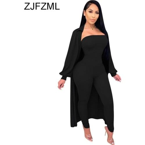 Sexy Bodycon Solid Matching Two Piece Sets Women Skinny Strapless One Piece Overalls&lantern Sleeve Maxi Cardigan Female Outfit
