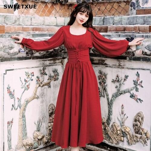 SWEETXUE Women Elegant A-line Dress 2019 Vintage red party vestidos Sexy lace-up Lantern sleeve women Slim Autumn Winter Dresses