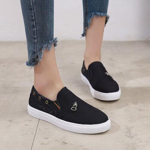 Large Size 35-43 Female Single Shoes Canvas Denim Zipper Flats Women Lazy Casual Shoes Loafers Womens Vulcanized Shoes