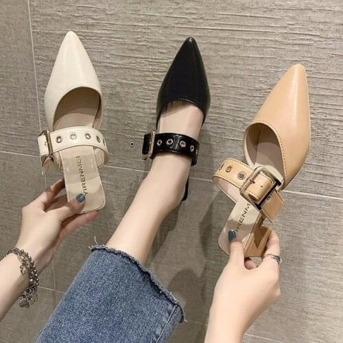Ladies Slippers Metal Buckle Slippers Pointed Square Heel Ladies Slippers Ladies Outdoor Sandals Womans Shoes Woman Slippers