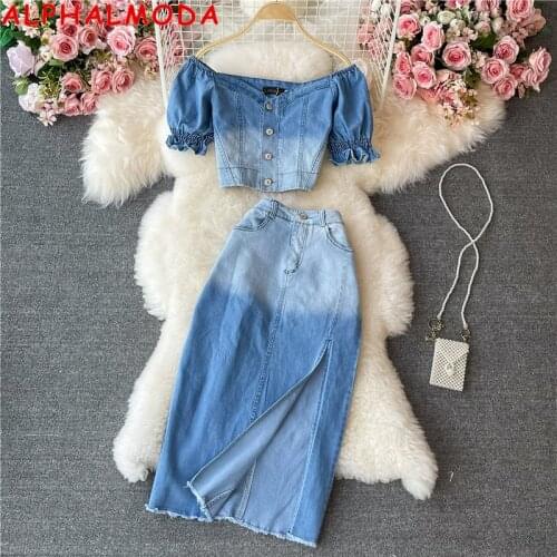 ALPHALMODA 2021 Slash neck Puff Sleeve Single Breasted Crop Jacket High Waist Side Slit Sexy Skirt Women 2pcs Fashion Denim Suit