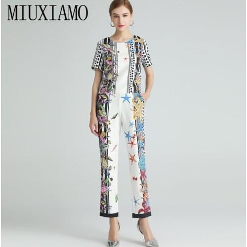 MIUXIMAO 2021 Spring Summer O-neck Short Sleeve Starfish Print FashionTop +pencil Pants Set Two-piece Suit Women Vestidos