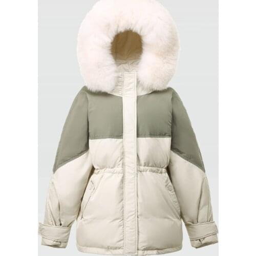 Winter Women Large Fur Collar Hooded 90% White Duck Puffer Coat Female Hit Color Patchwork Press Line Waist Thick Down Parka