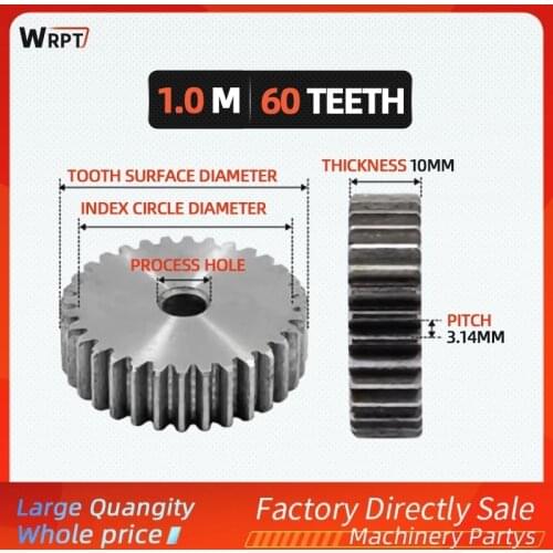 1M 60 Teeth Spur Gear pinion 60T Mod 1 Width 10mm Blank hole Right Teeth 45# steel positive gear CNC gear rack transmission