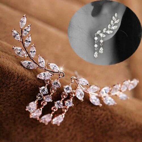 1Pair Women Fashion Crystal Rhinestone Leaves Tassel Ear Stud Earrings