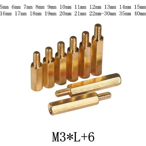 100pcs/lot M3*L+6 3mm Brass Standoff Spacer Male Female Spacing Screws Hex Brass Threaded Spacer length 3mm to 30mm