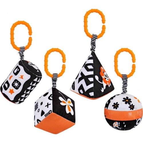 4Pcs/Set Baby Toy Cartoon Pattern Visual Development Black White Plush Hanging Rattle Toy for Toddlers